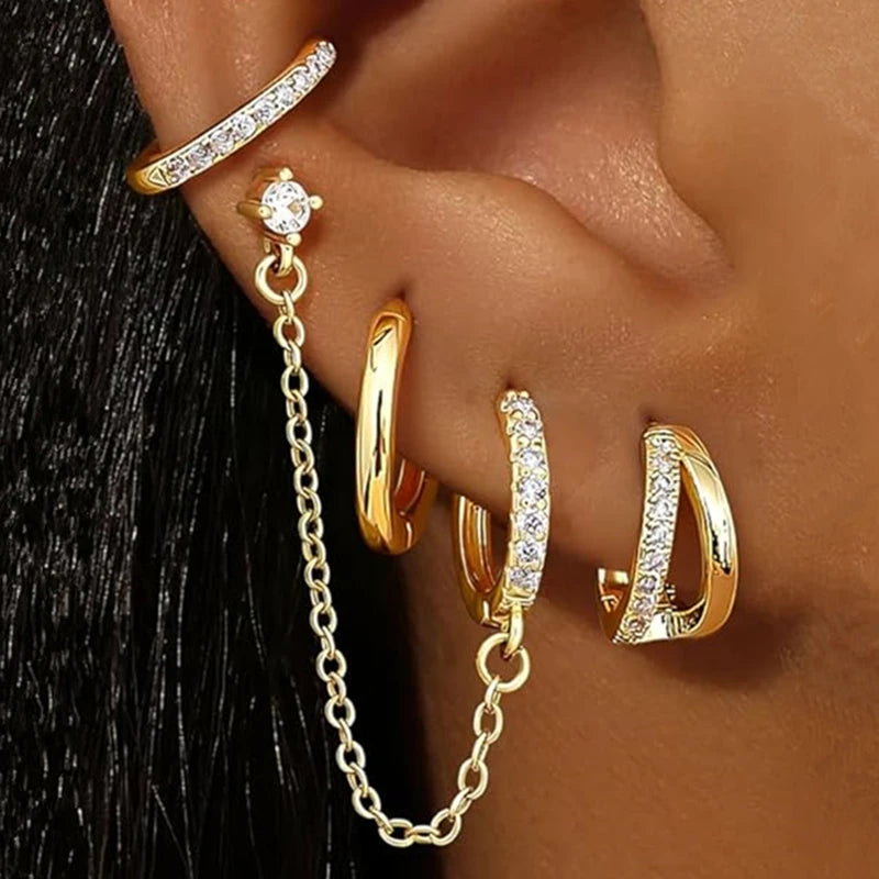 4PC Chain Huggie Earring Set for Women Fashion Flower Tragus Hoop Earrings Bulk Cartilage Piercing Helix Jewelry Lobe Earing Lot