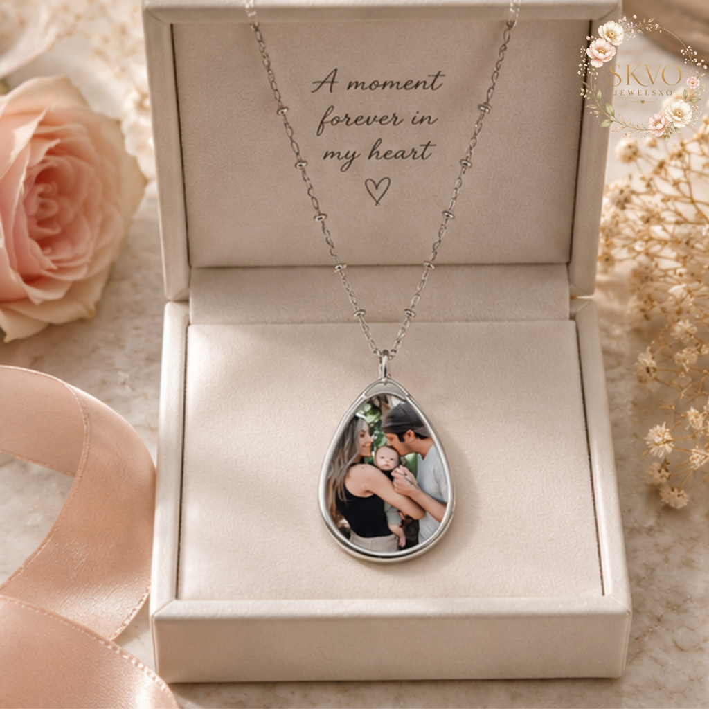 Personal Photo Oval Necklace | Engraved Teardrop Pendant, Custom Picture Jewelry