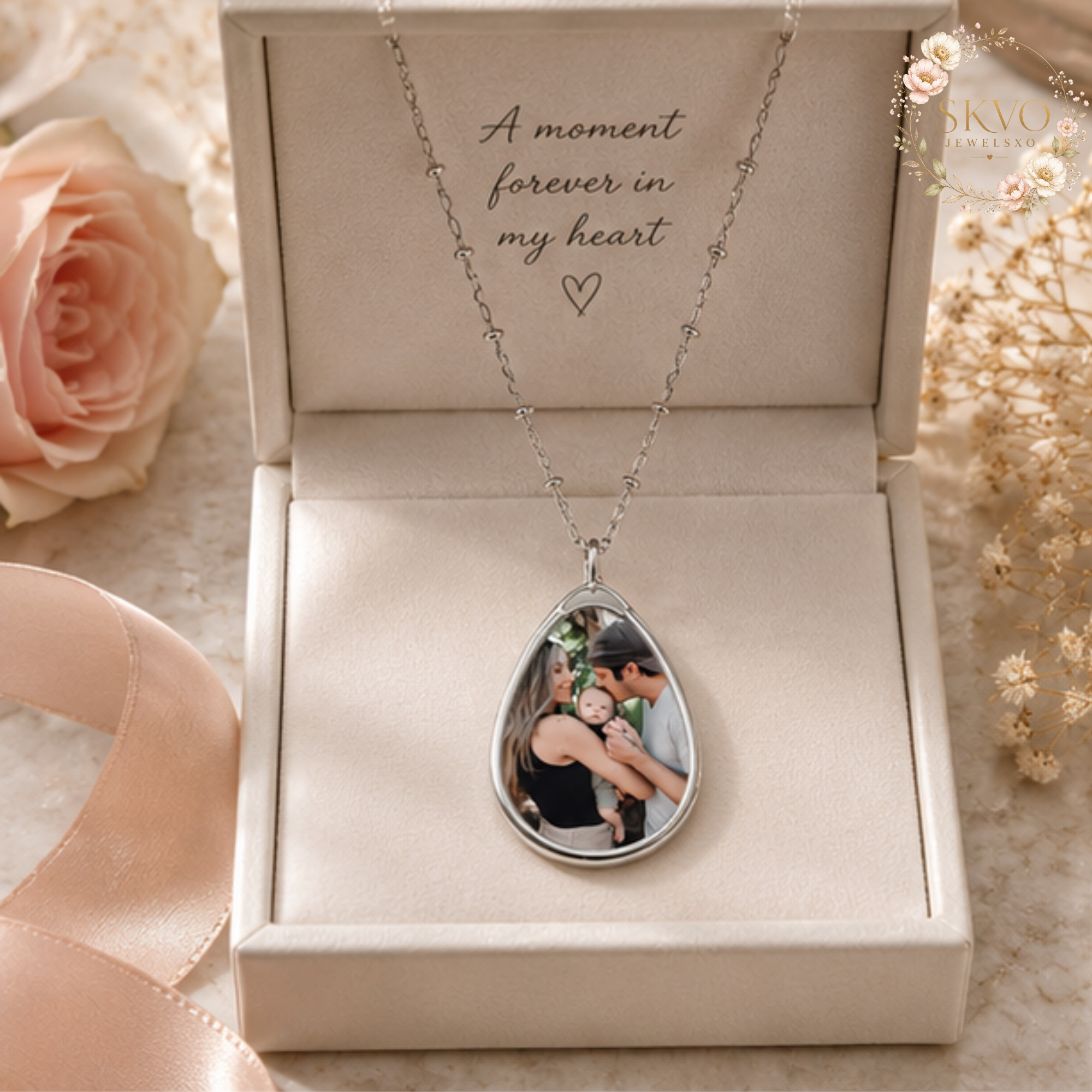 Personal Photo Oval Necklace | Engraved Teardrop Pendant, Custom Picture Jewelry