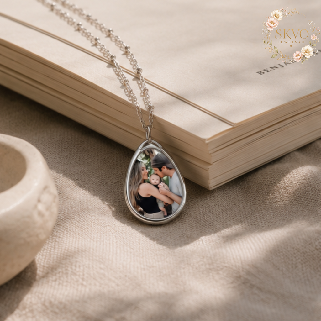 Personal Photo Oval Necklace | Engraved Teardrop Pendant, Custom Picture Jewelry