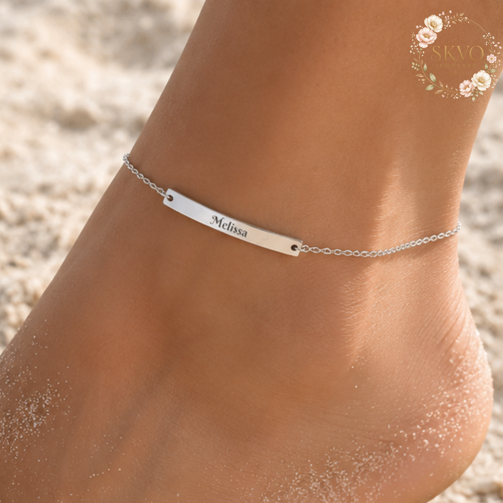 Engraved Curved Bar Anklet, Personalized Name Anklet | Sterling Silver