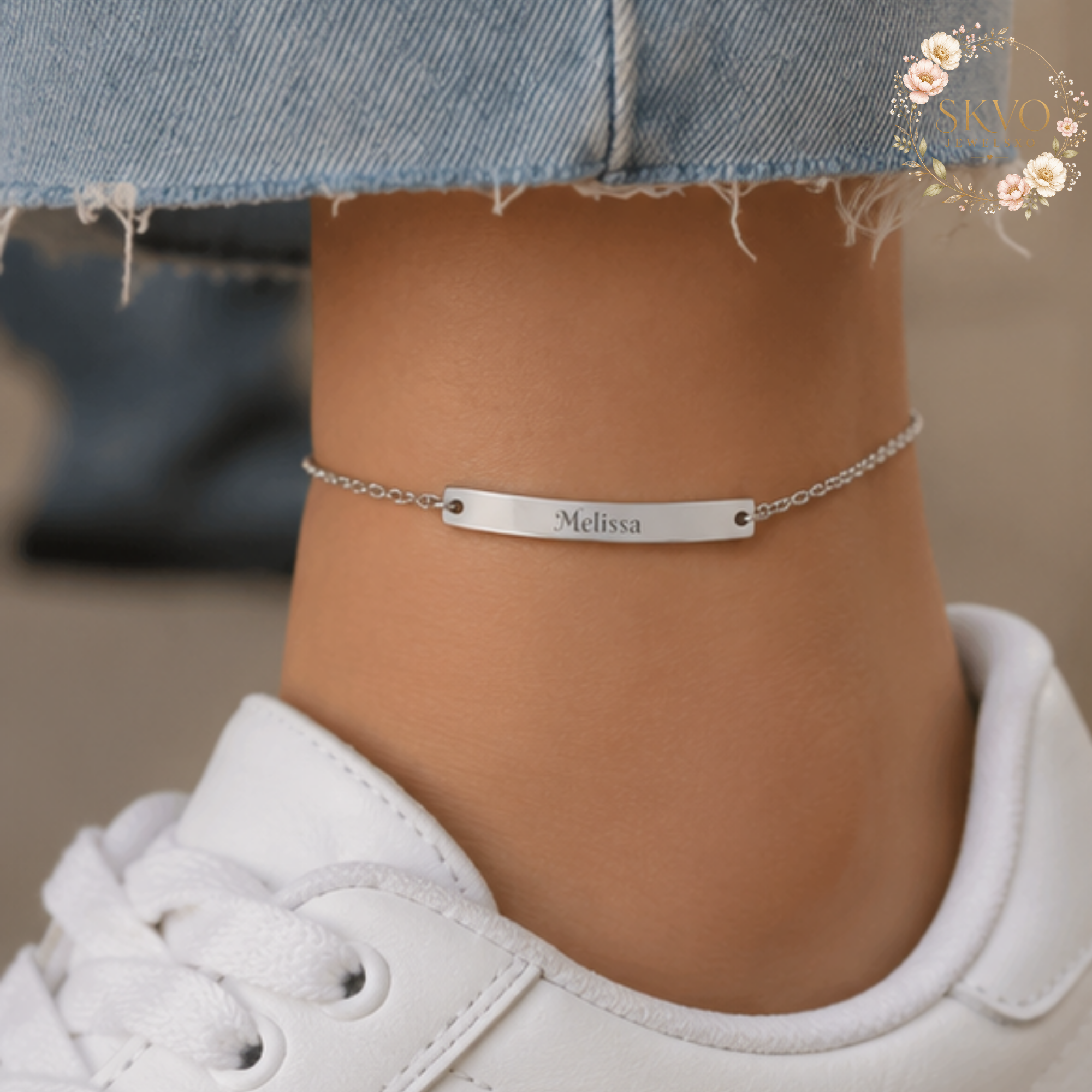 Engraved Curved Bar Anklet, Personalized Name Anklet | Sterling Silver