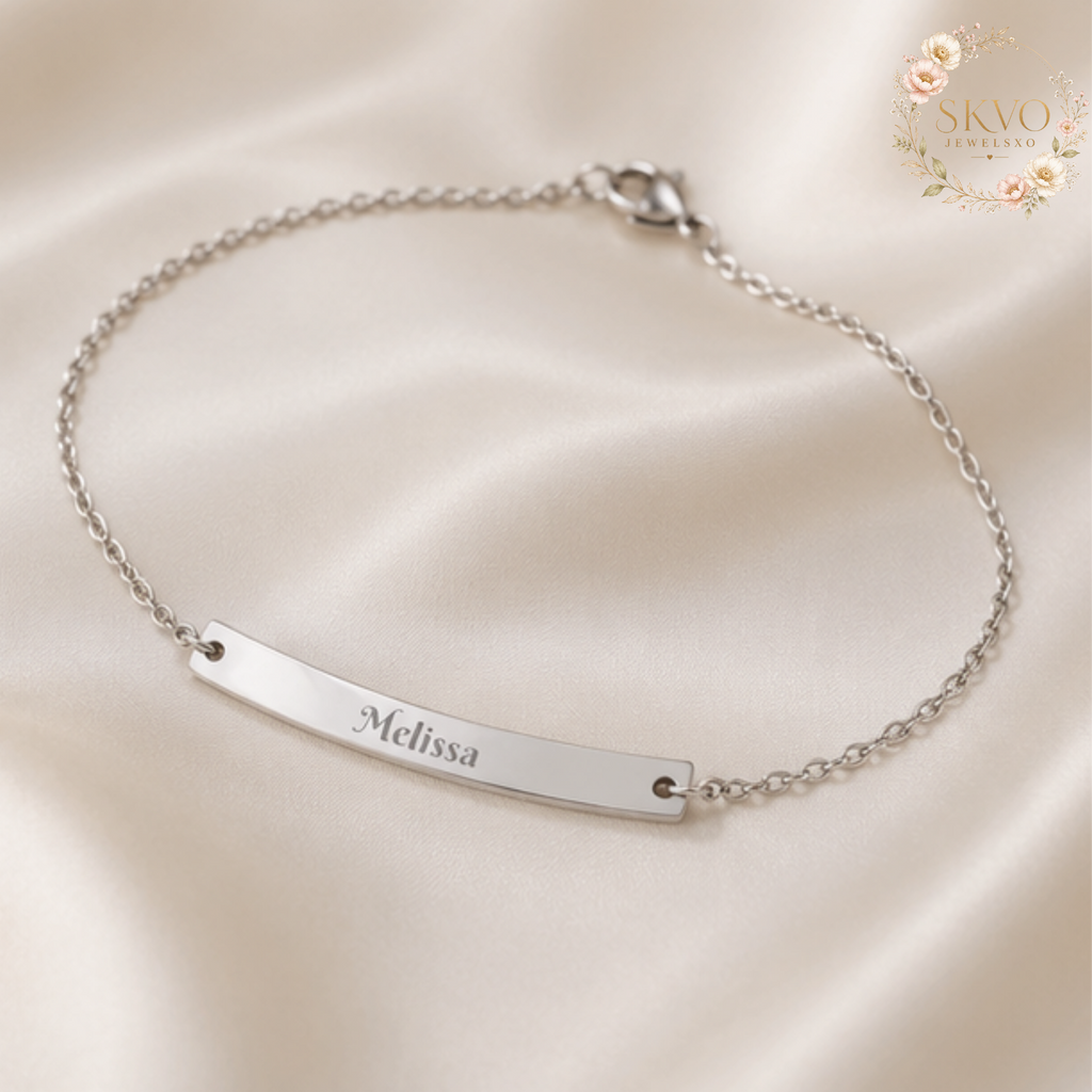 Engraved Curved Bar Anklet, Personalized Name Anklet | Sterling Silver