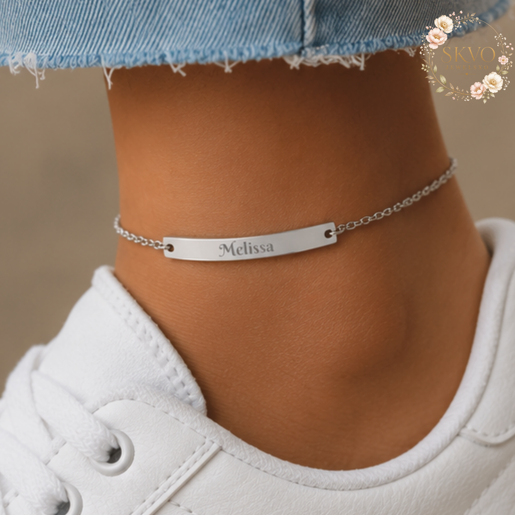 Engraved Curved Bar Anklet, Personalized Name Anklet | Sterling Silver