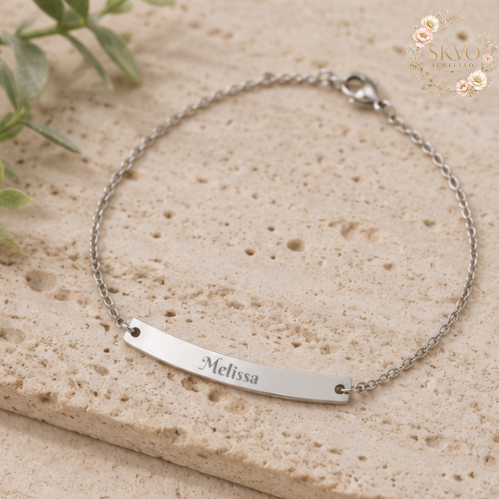 Engraved Curved Bar Anklet, Personalized Name Anklet | Sterling Silver