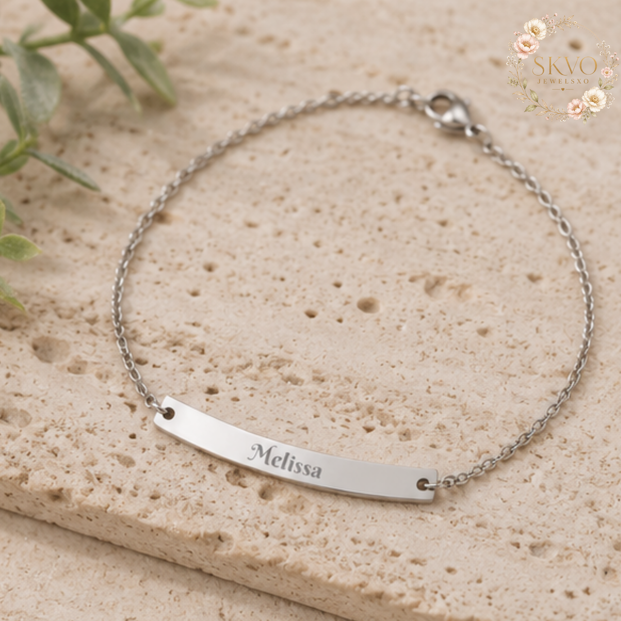 Engraved Curved Bar Anklet, Personalized Name Anklet | Sterling Silver