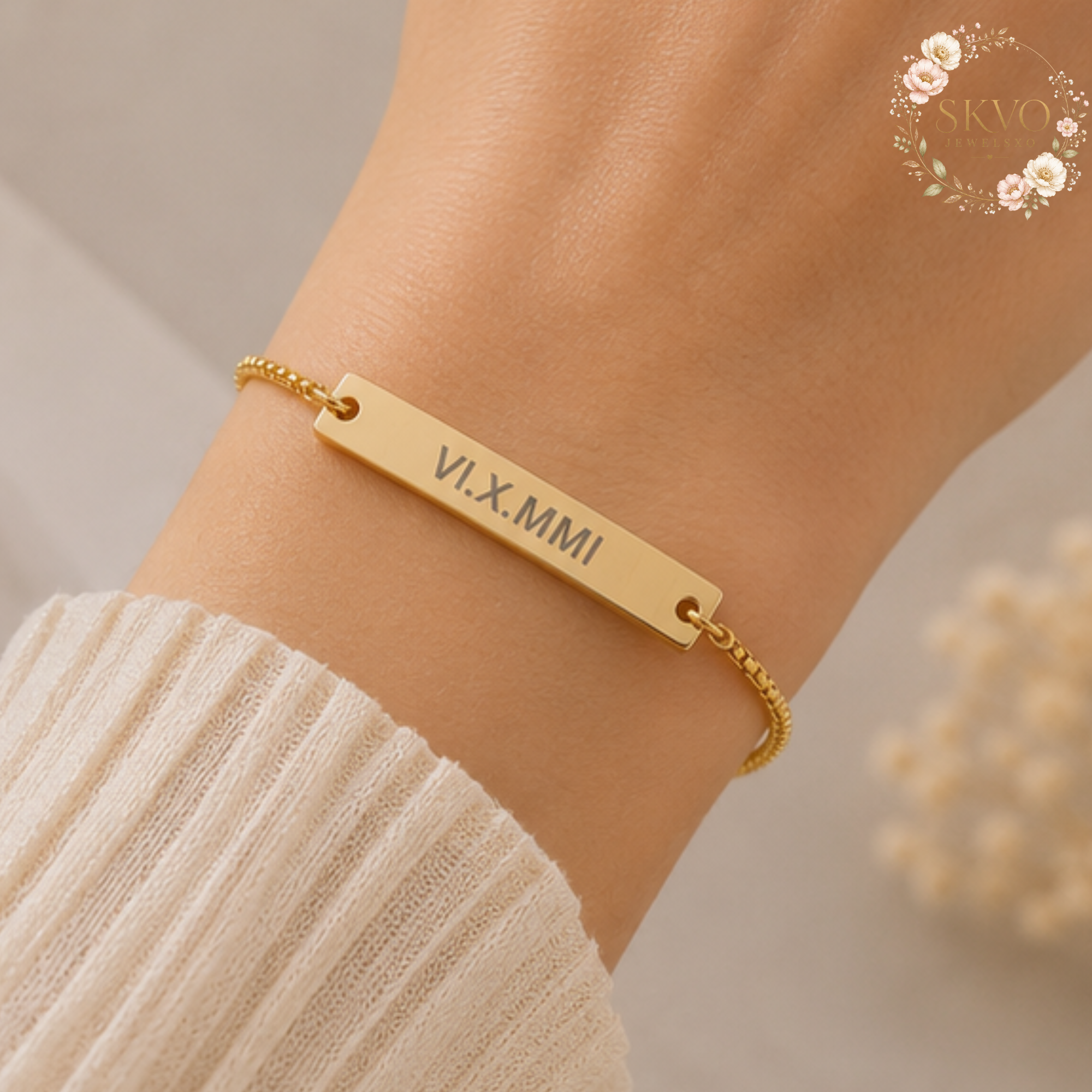 Roman Numeral Engraved Bar Bracelet | Adjustable
