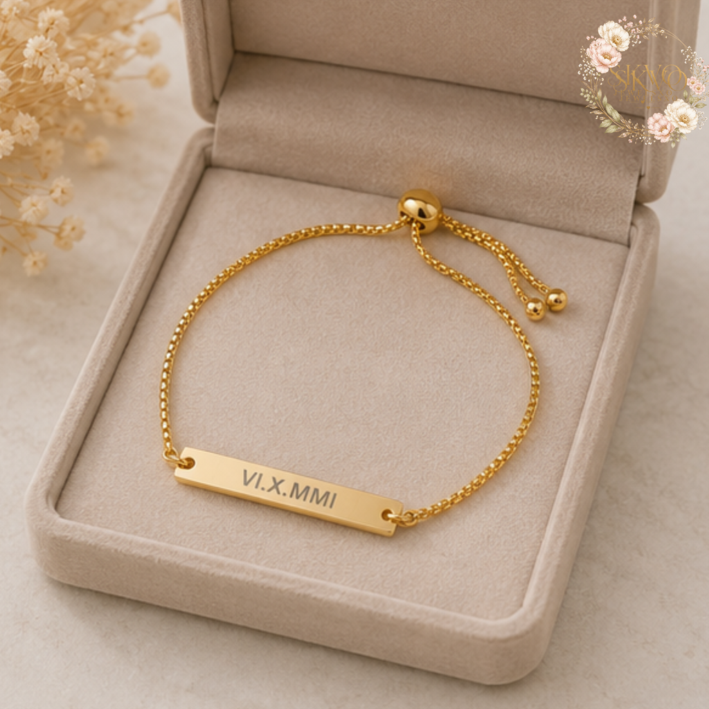 Roman Numeral Engraved Bar Bracelet | Adjustable