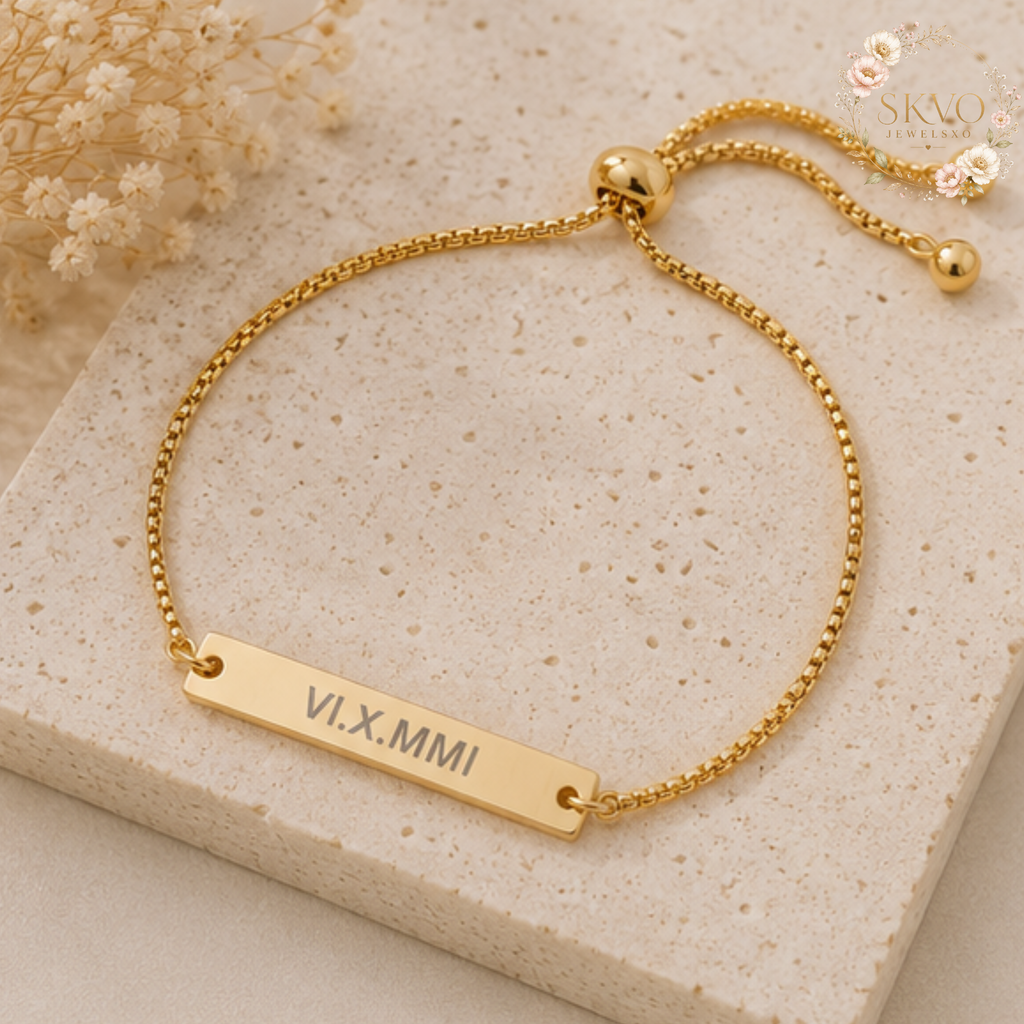 Roman Numeral Engraved Bar Bracelet | Adjustable