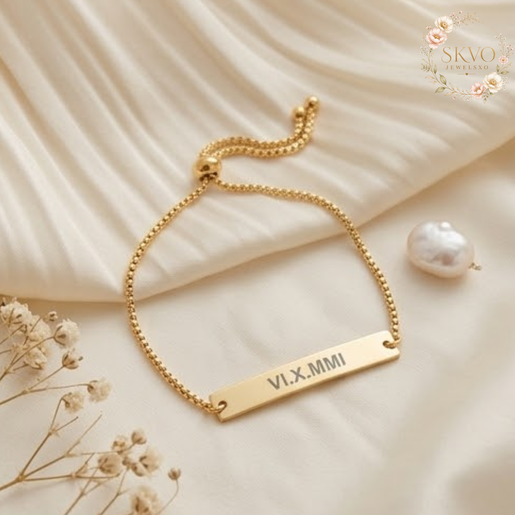 Roman Numeral Engraved Bar Bracelet | Adjustable