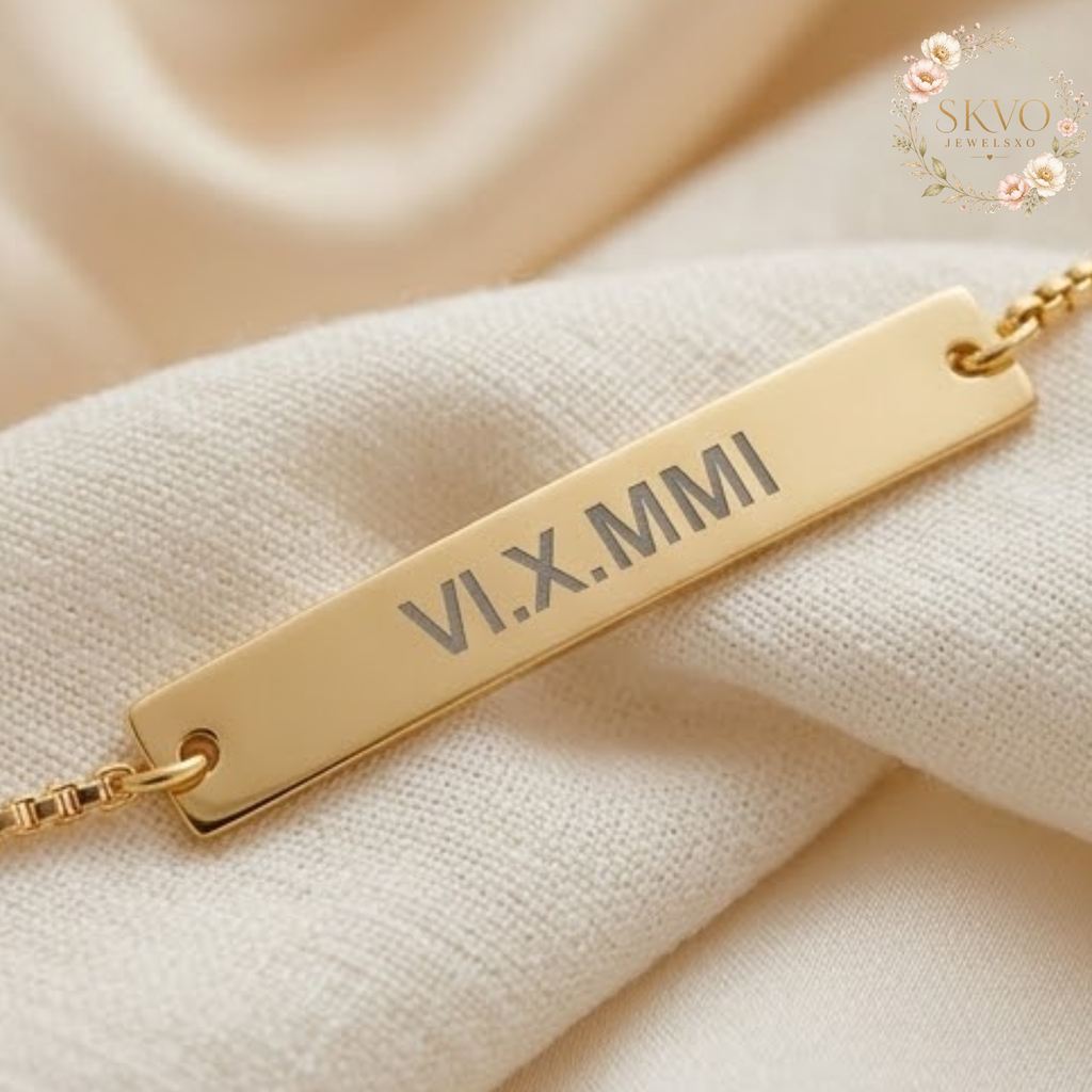 Roman Numeral Engraved Bar Bracelet | Adjustable
