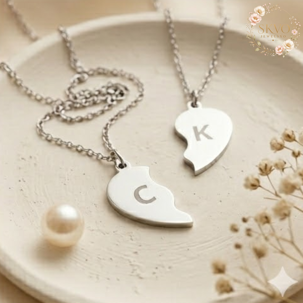 Split Heart Initial Necklace Set, Break Apart Heart Necklace