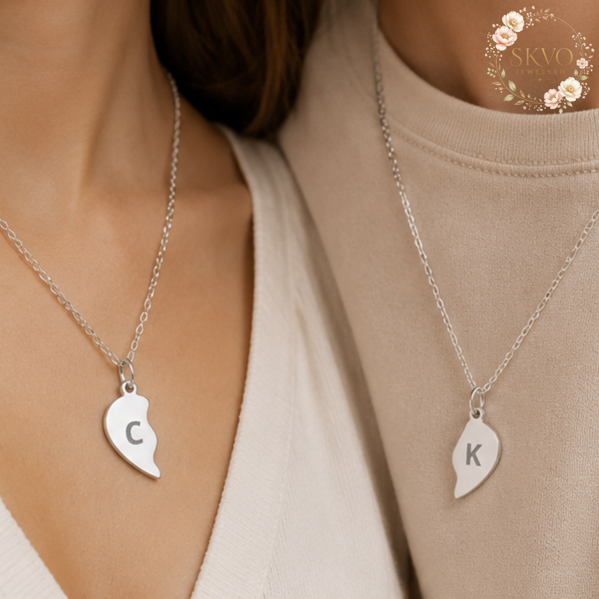 Split Heart Initial Necklace Set, Break Apart Heart Necklace