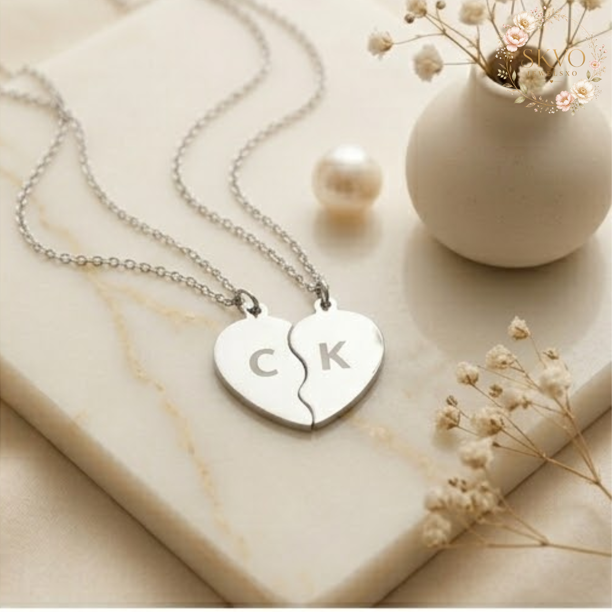 Split Heart Initial Necklace Set, Break Apart Heart Necklace