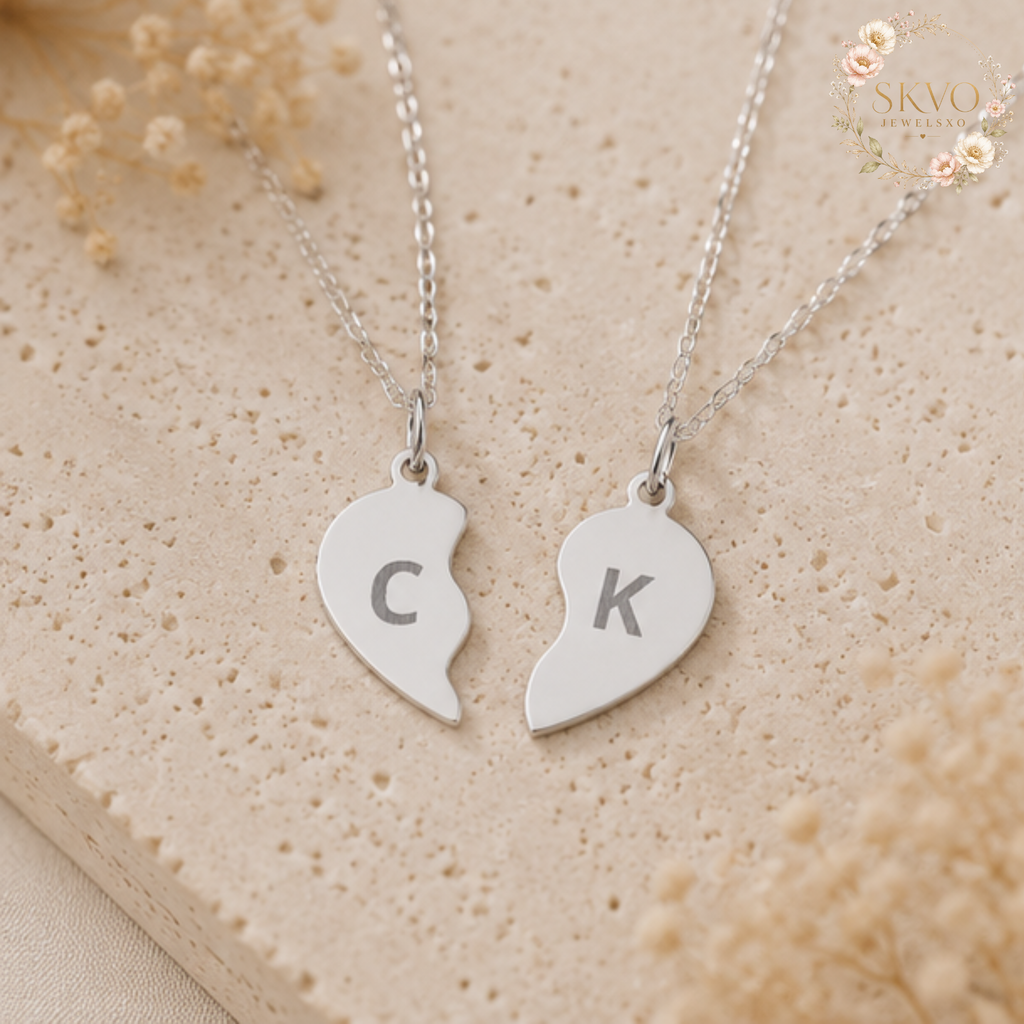 Split Heart Initial Necklace Set, Break Apart Heart Necklace