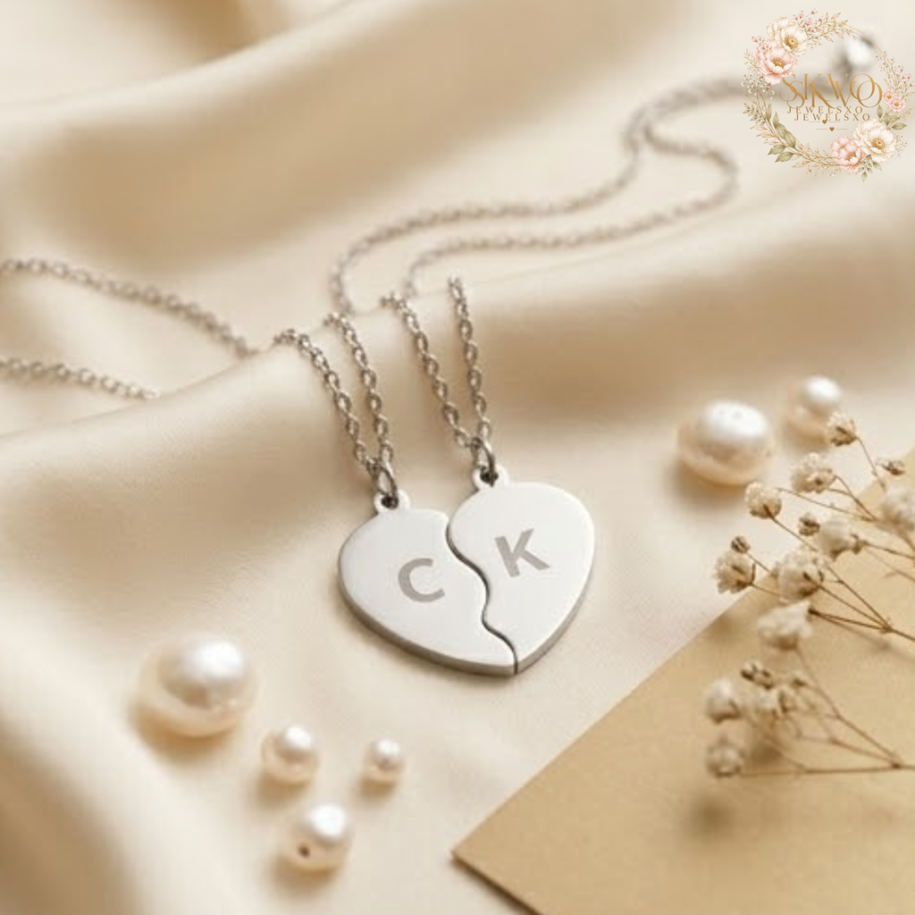 Split Heart Initial Necklace Set, Break Apart Heart Necklace