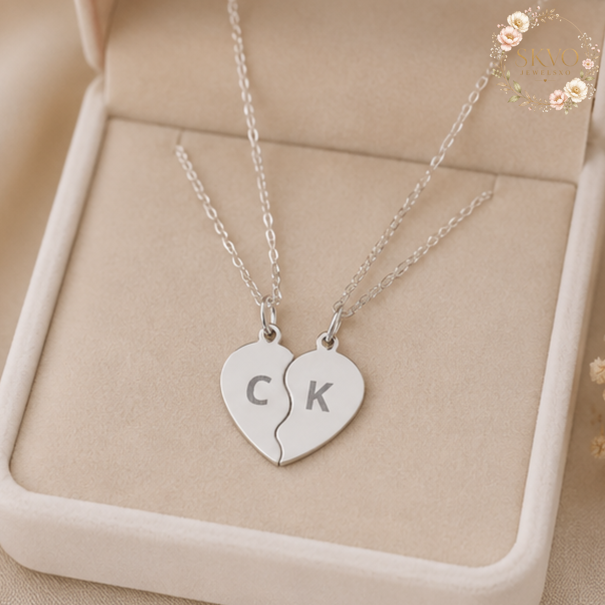 Split Heart Initial Necklace Set, Break Apart Heart Necklace