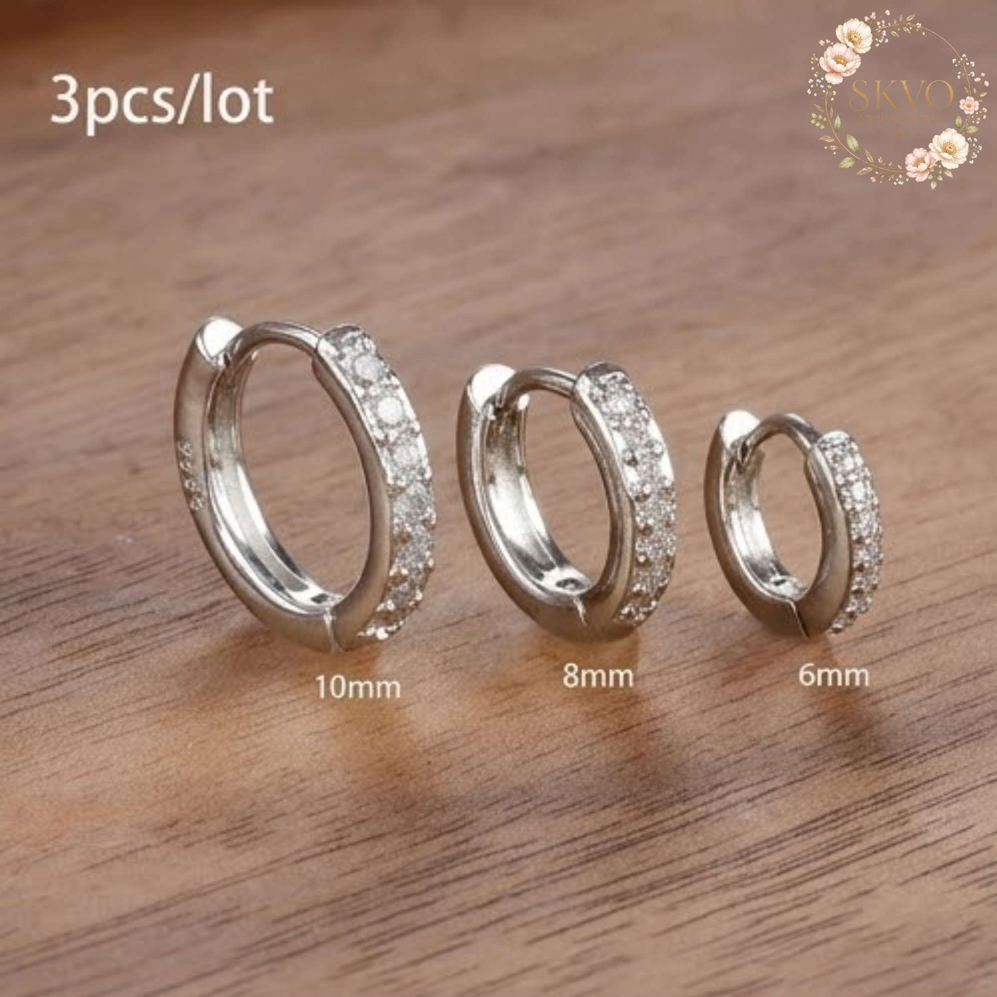 3 Pcs Simple Stainless Steel Crystal Small Hoops