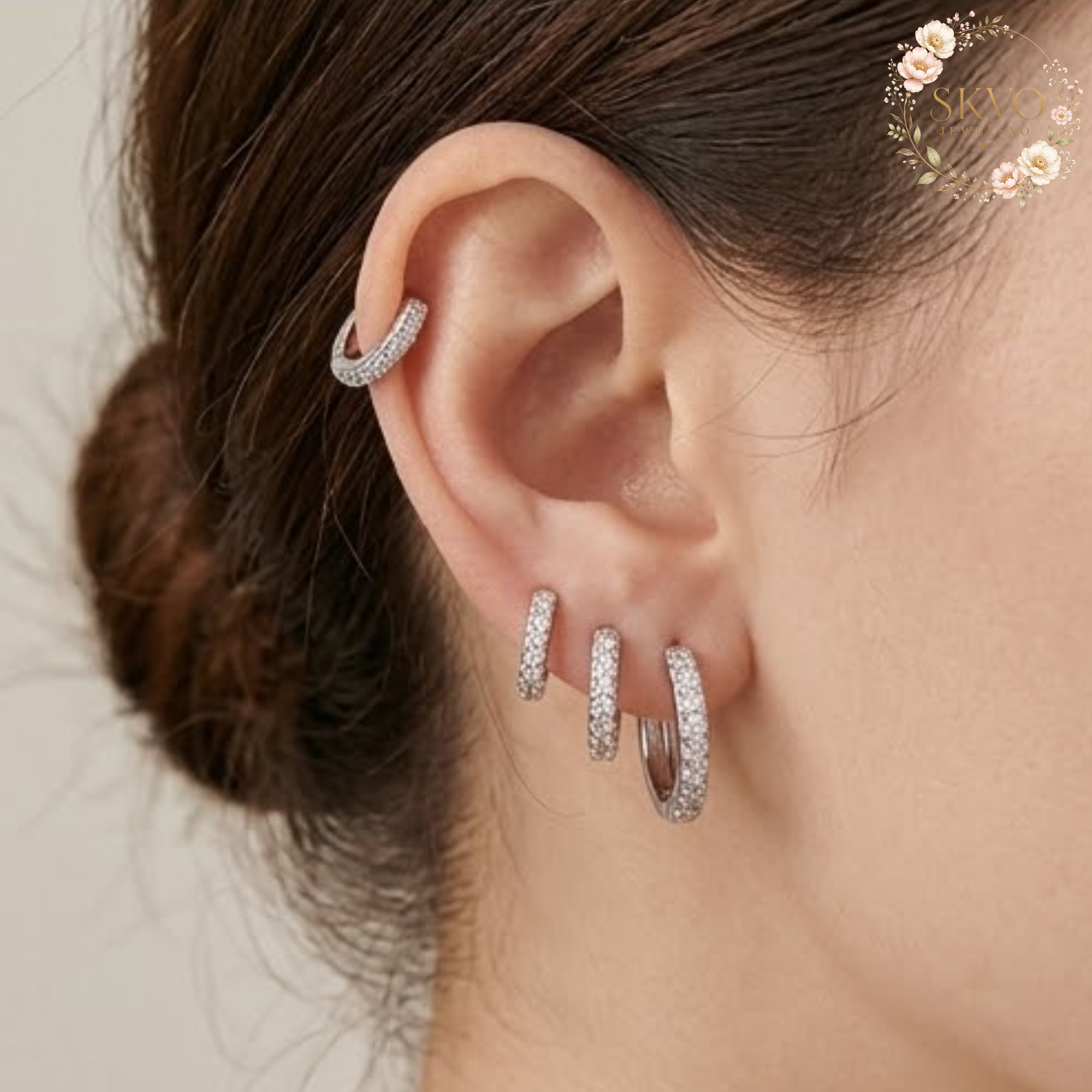 3 Pcs Simple Stainless Steel Crystal Small Hoops