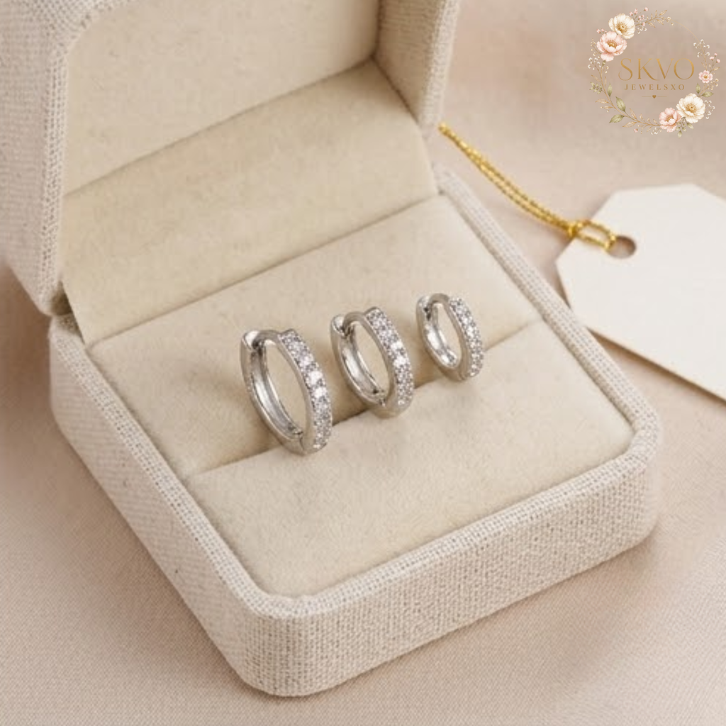 3 Pcs Simple Stainless Steel Crystal Small Hoops