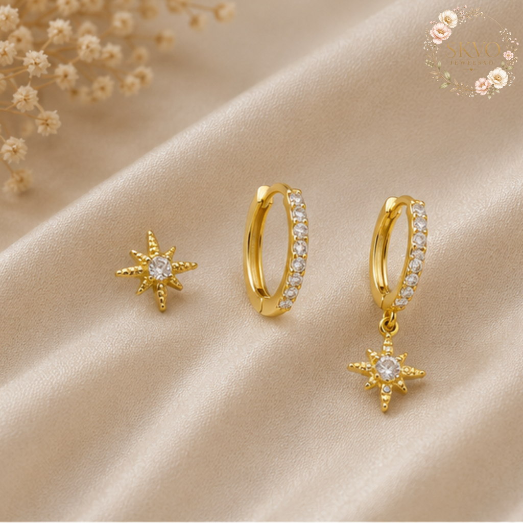 18K Gold Plated 3 Piece Star Drop Earrings Set
