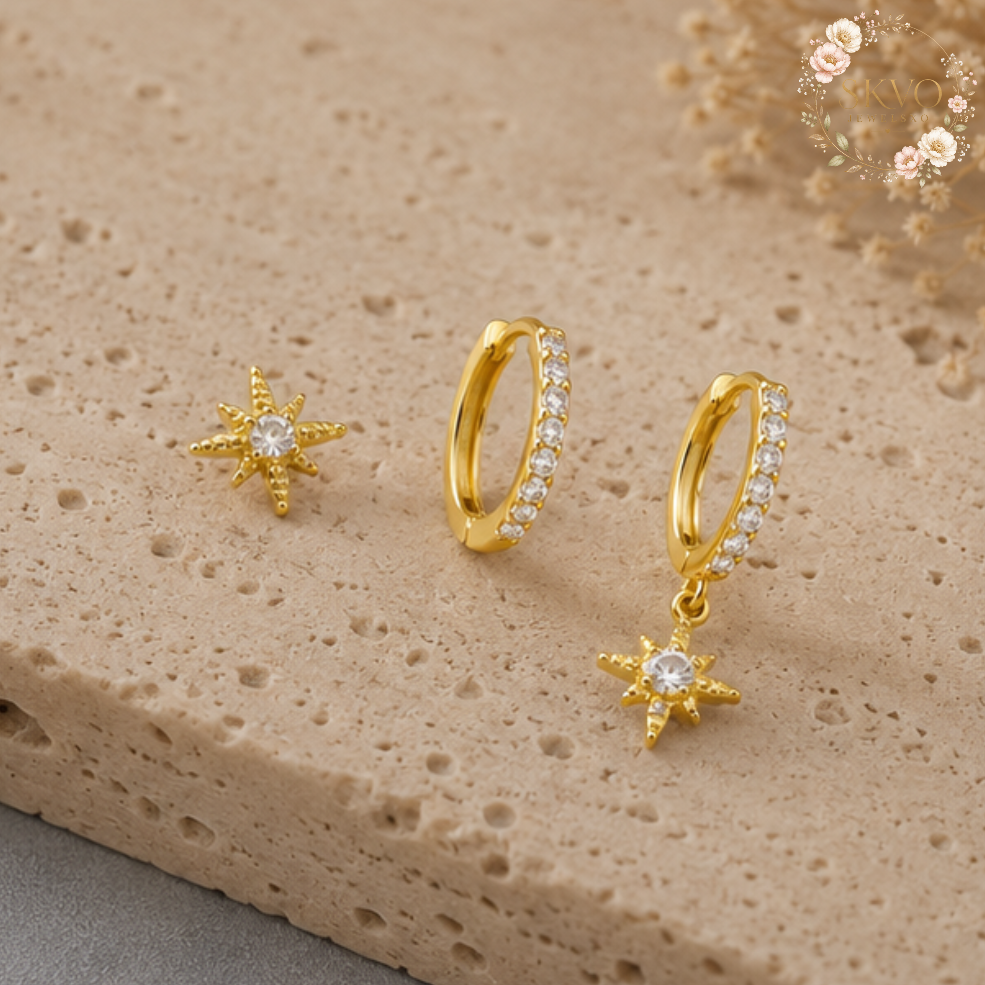 18K Gold Plated 3 Piece Star Drop Earrings Set