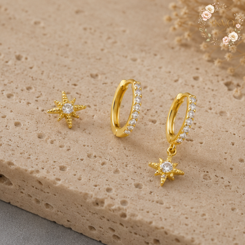 18K Gold Plated 3 Piece Star Drop Earrings Set
