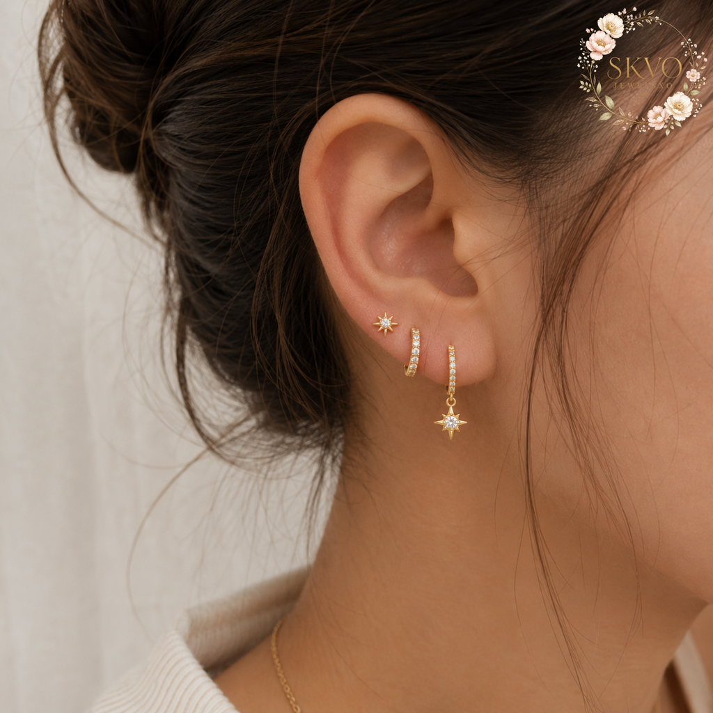 18K Gold Plated 3 Piece Star Drop Earrings Set