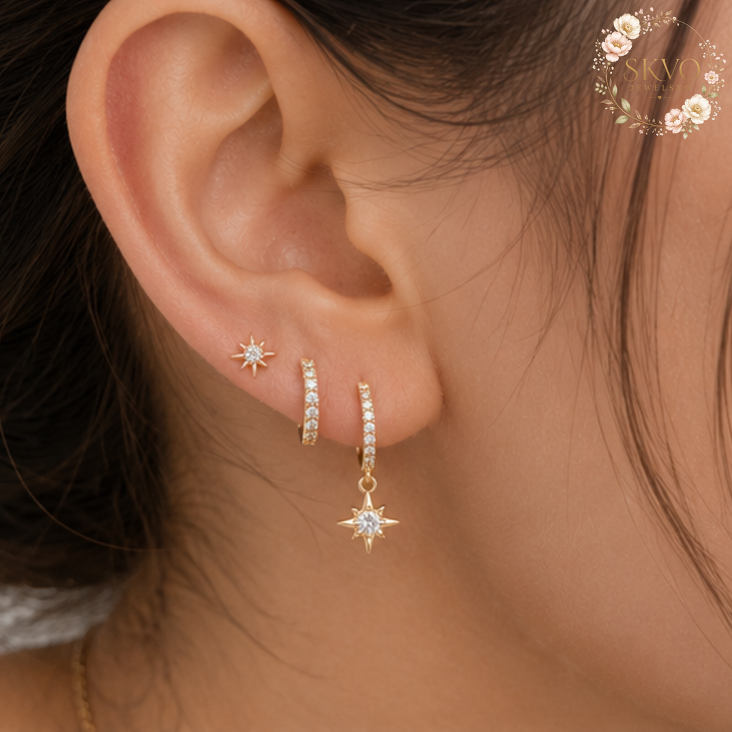 18K Gold Plated 3 Piece Star Drop Earrings Set