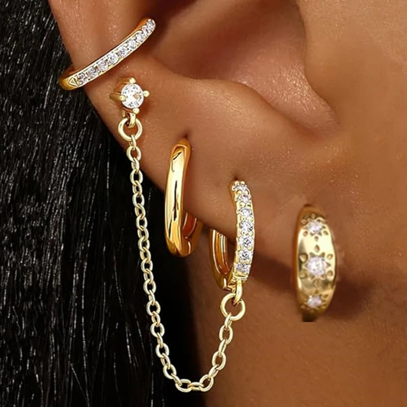 4PC Chain Huggie Earring Set for Women Fashion Flower Tragus Hoop Earrings Bulk Cartilage Piercing Helix Jewelry Lobe Earing Lot