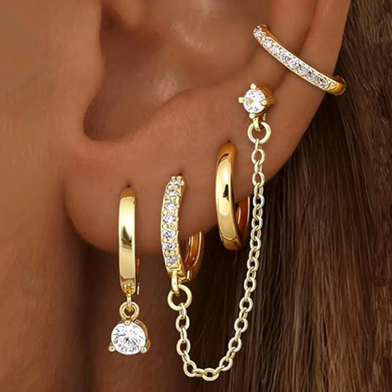 4PC Chain Huggie Earring Set for Women Fashion Flower Tragus Hoop Earrings Bulk Cartilage Piercing Helix Jewelry Lobe Earing Lot