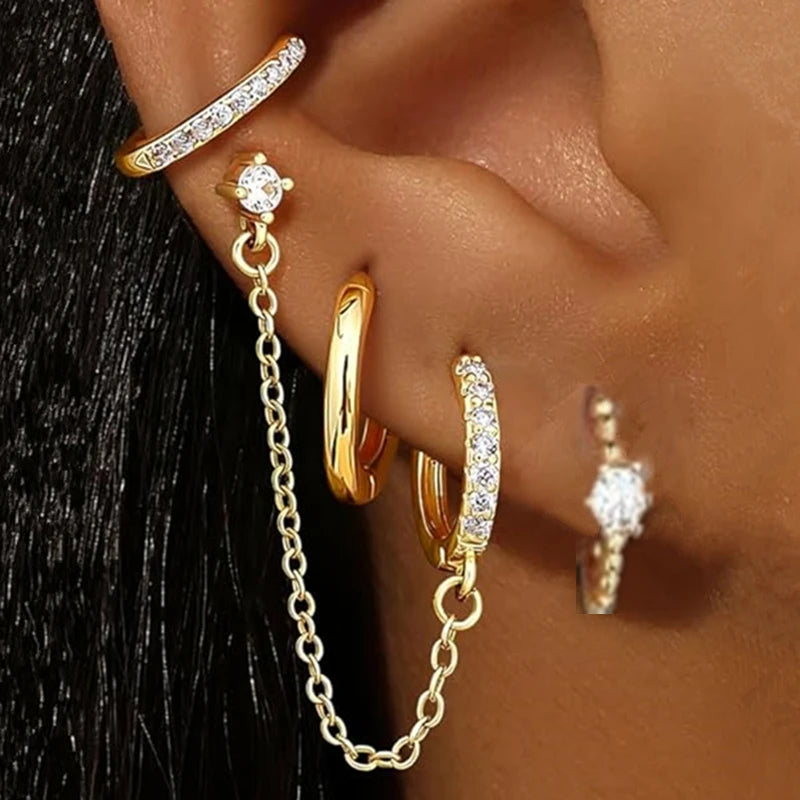 4PC Chain Huggie Earring Set for Women Fashion Flower Tragus Hoop Earrings Bulk Cartilage Piercing Helix Jewelry Lobe Earing Lot