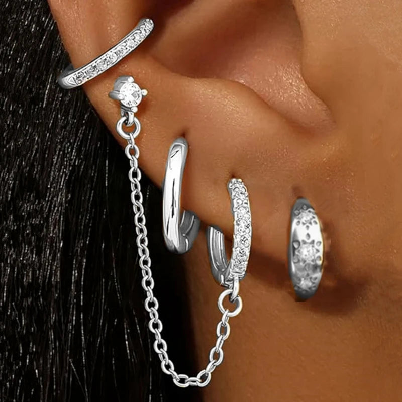 4PC Chain Huggie Earring Set for Women Fashion Flower Tragus Hoop Earrings Bulk Cartilage Piercing Helix Jewelry Lobe Earing Lot