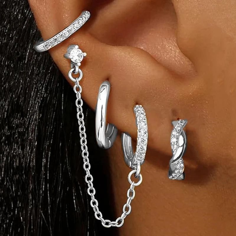 4PC Chain Huggie Earring Set for Women Fashion Flower Tragus Hoop Earrings Bulk Cartilage Piercing Helix Jewelry Lobe Earing Lot