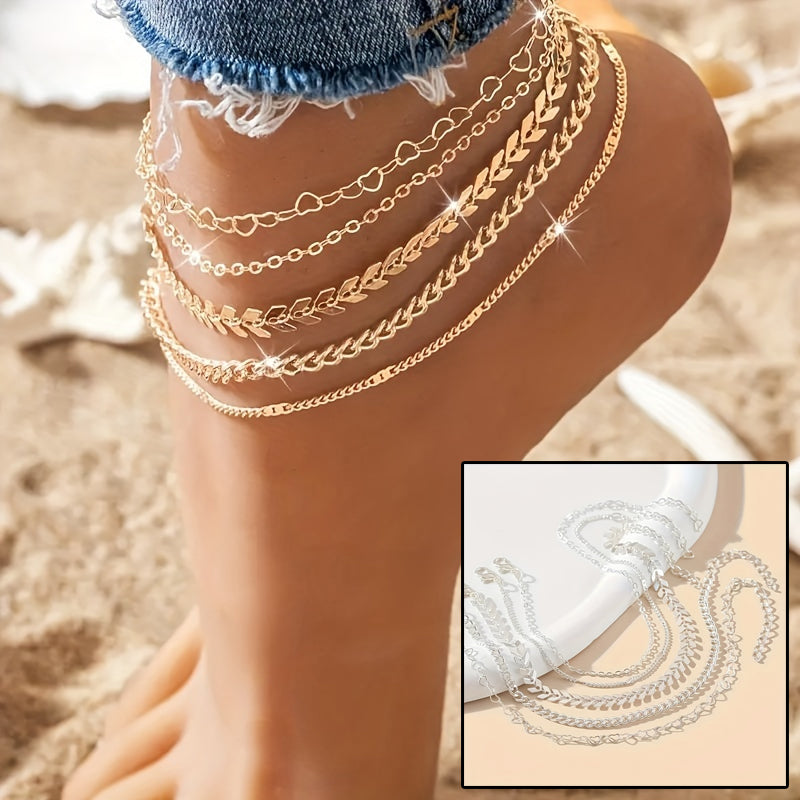 5Pcs Bohemian Chain Fashion Design Heart-Shaped Chain Anklet