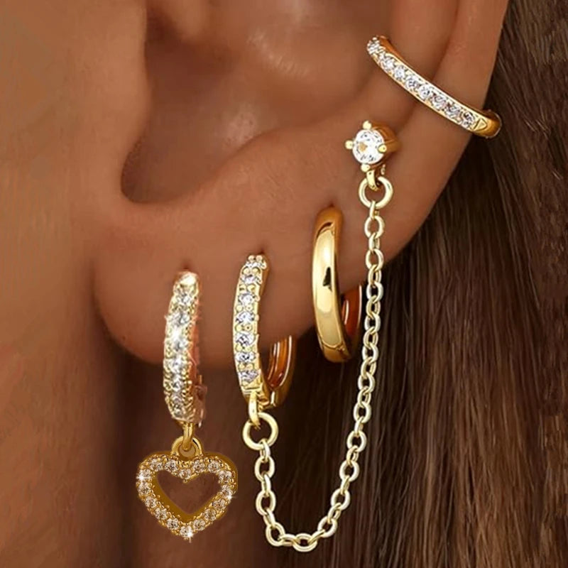 4PC Chain Huggie Earring Set for Women Fashion Flower Tragus Hoop Earrings Bulk Cartilage Piercing Helix Jewelry Lobe Earing Lot