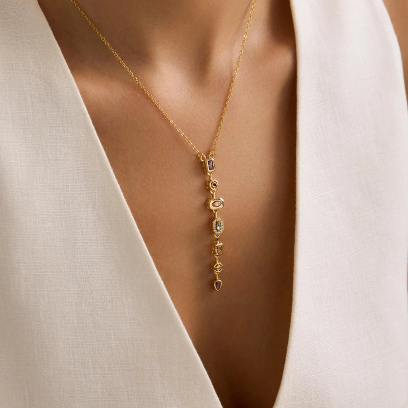 Retro Elegant Long Pendant Necklace for Women with Colored Synthetic Zircon Chain Perfect for Daily Wear Party Jewelry Gifts