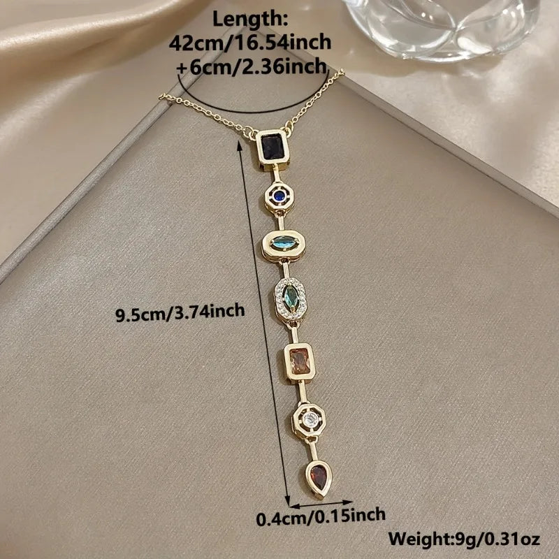 Retro Elegant Long Pendant Necklace for Women with Colored Synthetic Zircon Chain Perfect for Daily Wear Party Jewelry Gifts