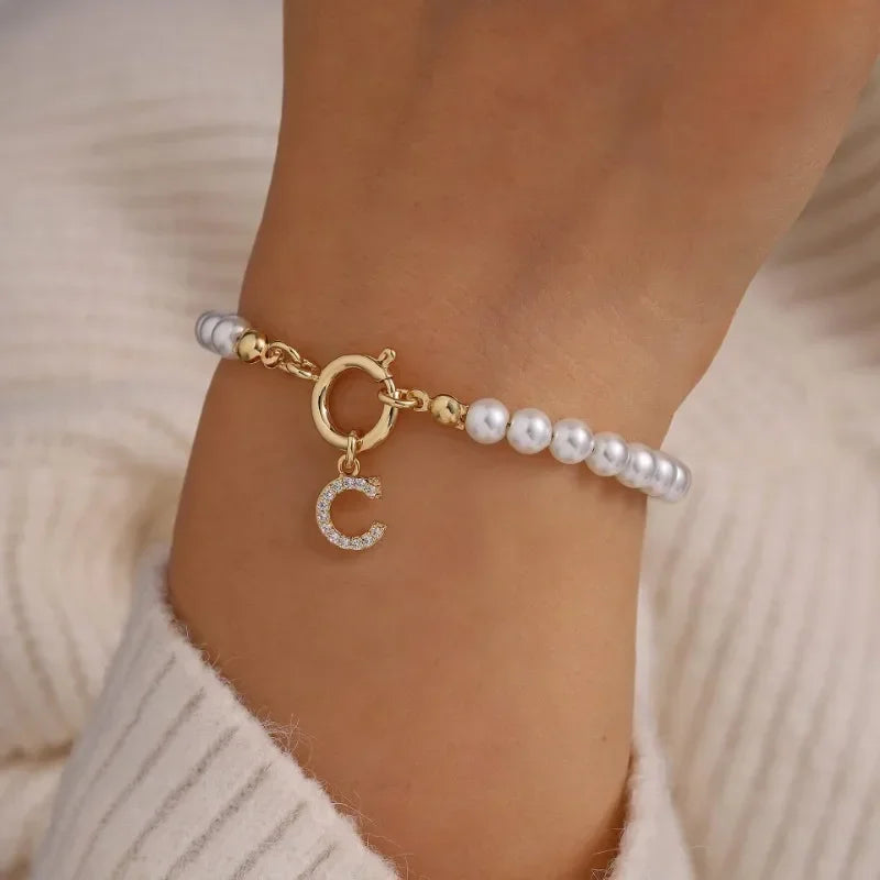 Delicate 14K Real Gold Silver Plated Copper CZ Zircon 26 Letter Simulated Pearl Beaded Chain Charm Bracelets for Women