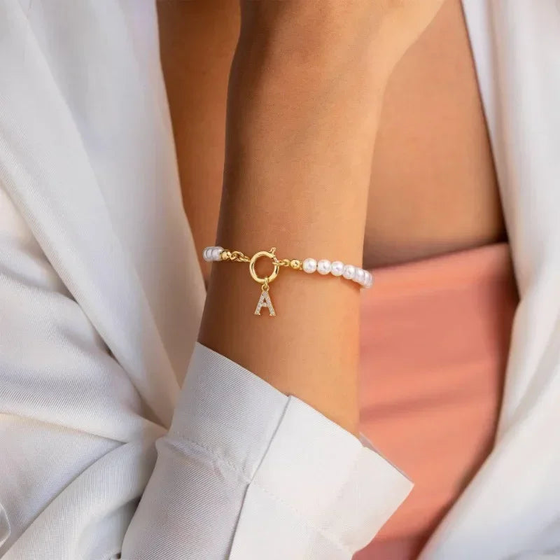 Delicate 14K Real Gold Silver Plated Copper CZ Zircon 26 Letter Simulated Pearl Beaded Chain Charm Bracelets for Women