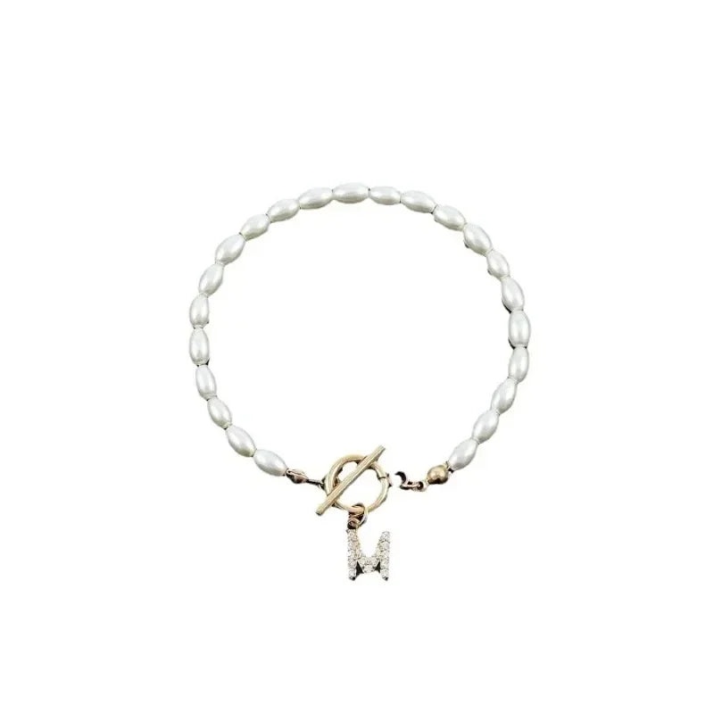 Delicate 14K Real Gold Silver Plated Copper CZ Zircon 26 Letter Simulated Pearl Beaded Chain Charm Bracelets for Women