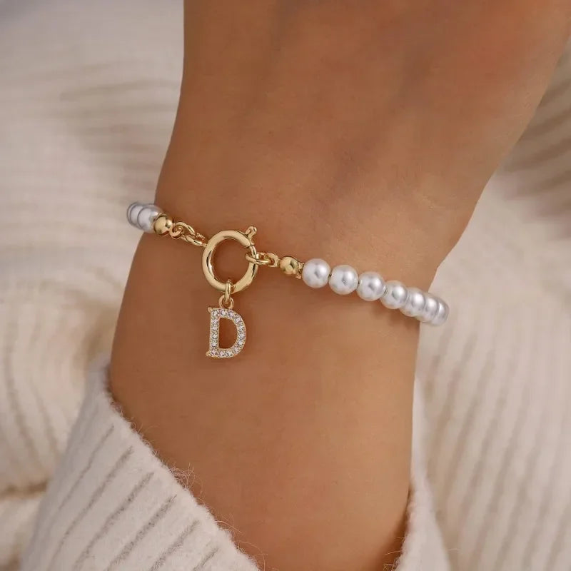Delicate 14K Real Gold Silver Plated Copper CZ Zircon 26 Letter Simulated Pearl Beaded Chain Charm Bracelets for Women