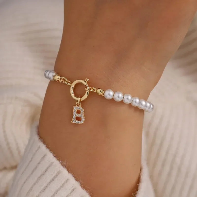 Delicate 14K Real Gold Silver Plated Copper CZ Zircon 26 Letter Simulated Pearl Beaded Chain Charm Bracelets for Women