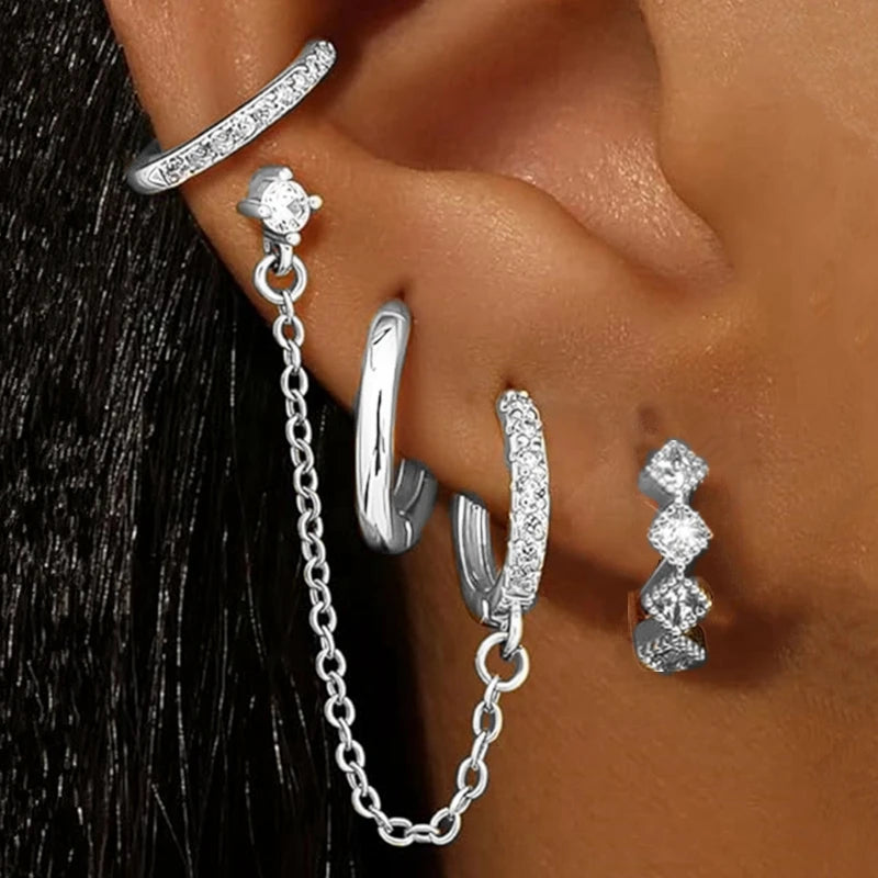 4PC Chain Huggie Earring Set for Women Fashion Flower Tragus Hoop Earrings Bulk Cartilage Piercing Helix Jewelry Lobe Earing Lot