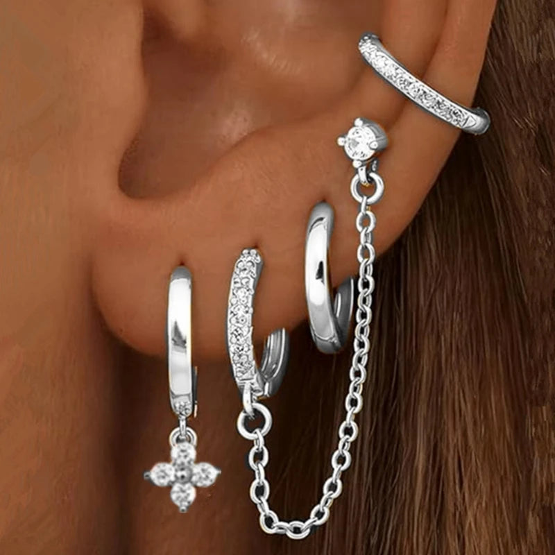 4PC Chain Huggie Earring Set for Women Fashion Flower Tragus Hoop Earrings Bulk Cartilage Piercing Helix Jewelry Lobe Earing Lot