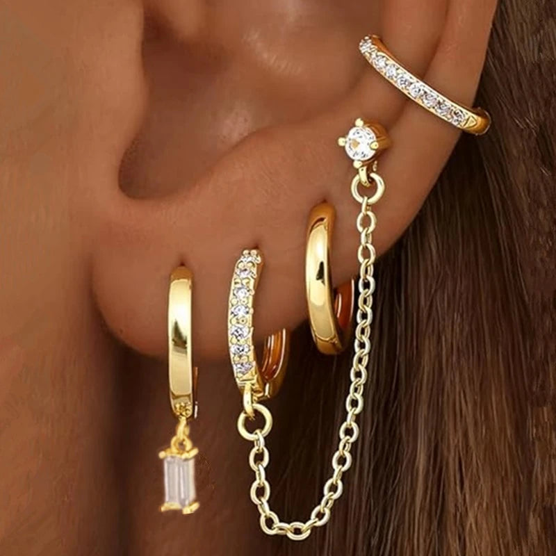 4PC Chain Huggie Earring Set for Women Fashion Flower Tragus Hoop Earrings Bulk Cartilage Piercing Helix Jewelry Lobe Earing Lot