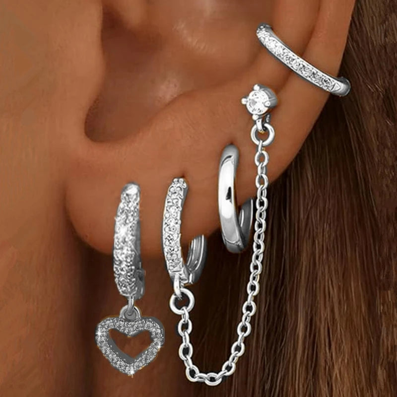 4PC Chain Huggie Earring Set for Women Fashion Flower Tragus Hoop Earrings Bulk Cartilage Piercing Helix Jewelry Lobe Earing Lot