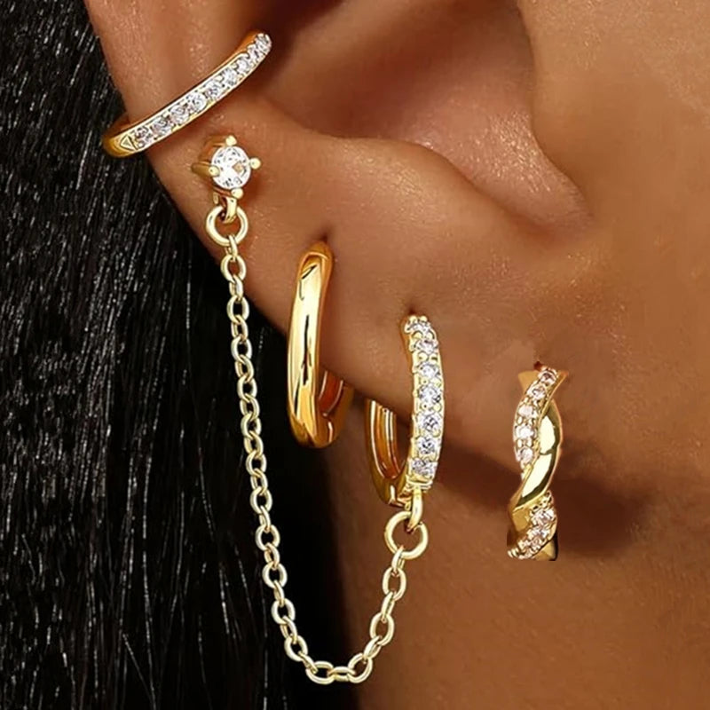 4PC Chain Huggie Earring Set for Women Fashion Flower Tragus Hoop Earrings Bulk Cartilage Piercing Helix Jewelry Lobe Earing Lot