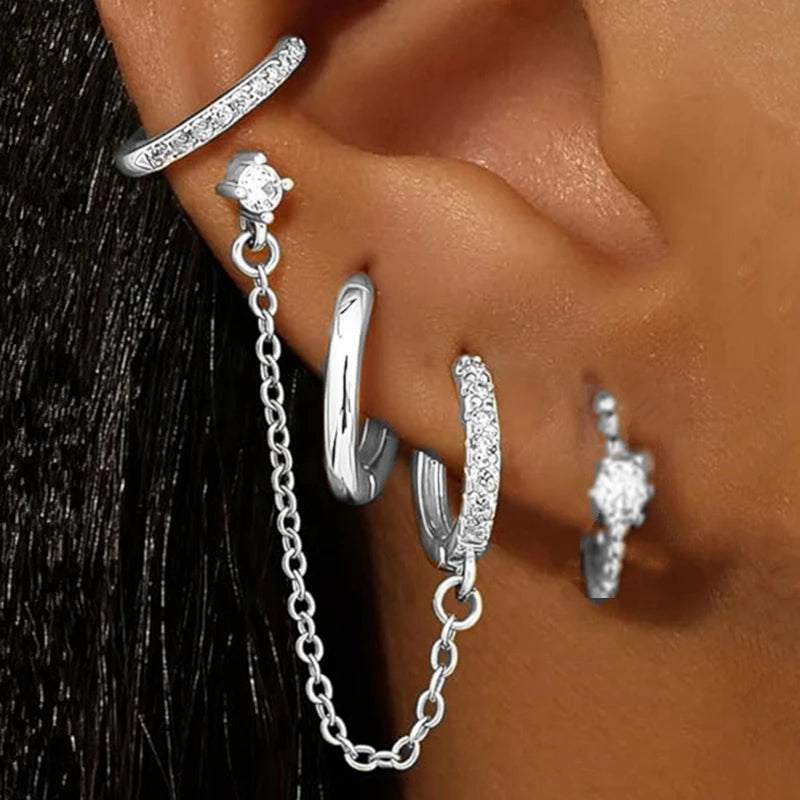 4PC Chain Huggie Earring Set for Women Fashion Flower Tragus Hoop Earrings Bulk Cartilage Piercing Helix Jewelry Lobe Earing Lot