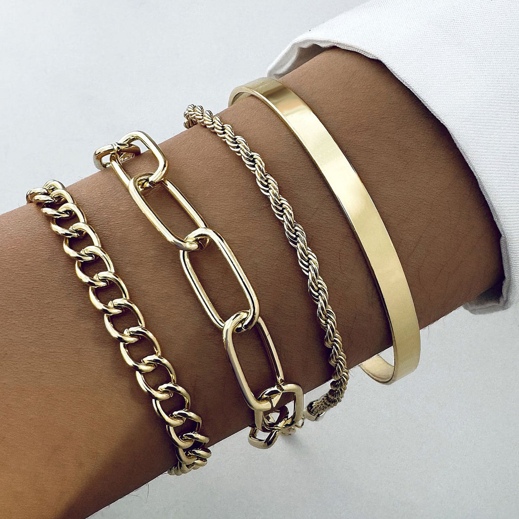 Exaggerated and Minimalist Gold Thick Chain Bracelet Set of Four Pieces